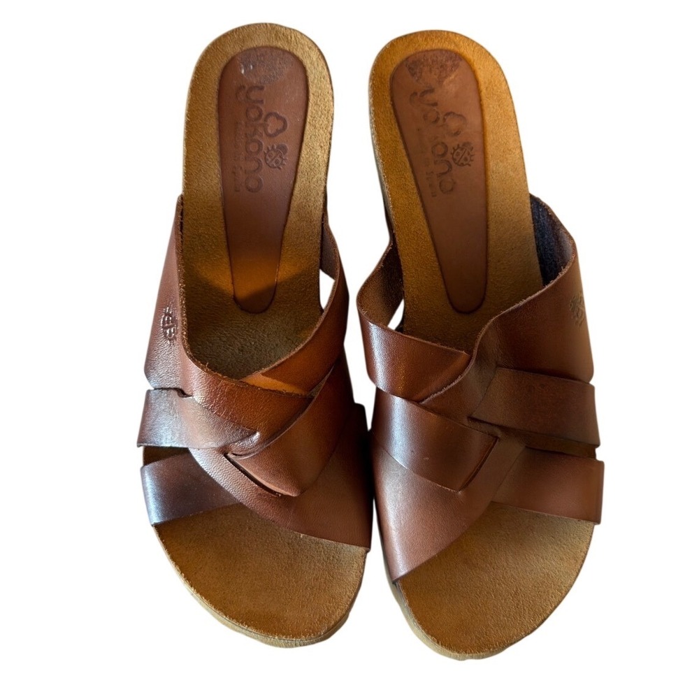 Yokono Brown Leather Crisscross Slip On Sandals Size 9 Cork Wedge Heel